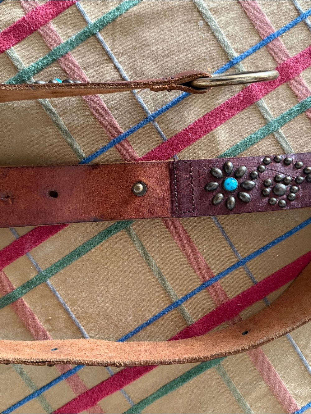 Women's Studded Leather Belt with Turquoise Accents - Brown - Picture 6 of 8